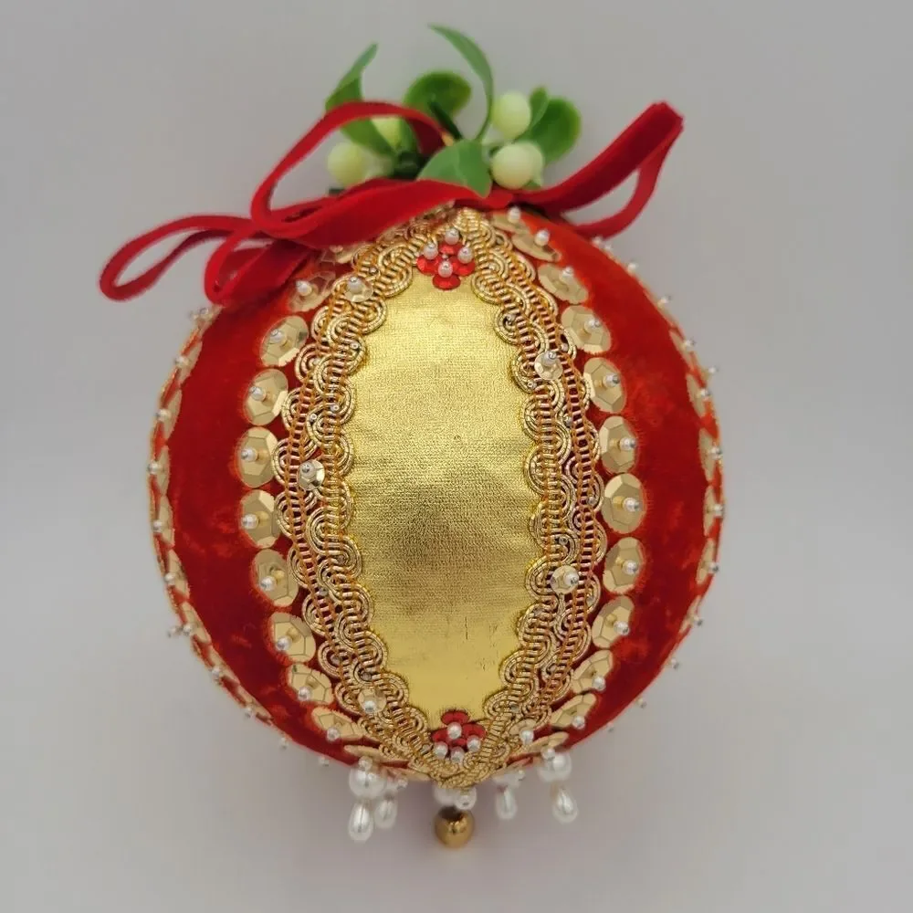 Elegant Vintage Red and Gold Pusg Pin Beaded Sequin MCM Extra Large Ornament
